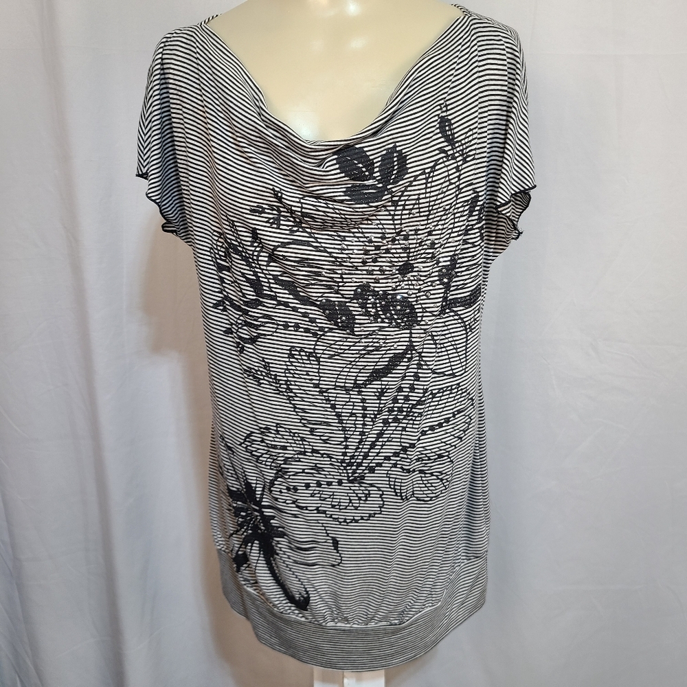 Fashion Bug Small Top Drape Neckline Y2K Top Black And Grey Stripe